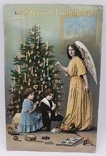 Antique Vintage Postcard Christmas Tree Angel Children Toys Gold Made in the USA
