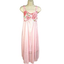Pink Floral Satin Sleeveless Babydoll Nightgown Slip Dress M Coquette Romantic