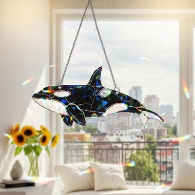 Orca Whale Acrylic Suncatcher Window Hanging, Hologram Killer Whale Rainbow