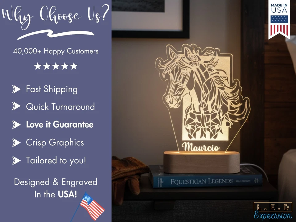 Luz LED Geométrica con Nombre Personalizada para Caballo, Lámpara LED Personalizada para Dormitorio Infantil Foto 3 de 4