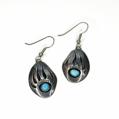 Vintage Native American Handmade Bear Paw Claw Dangle Pierced Earrings Sterling 