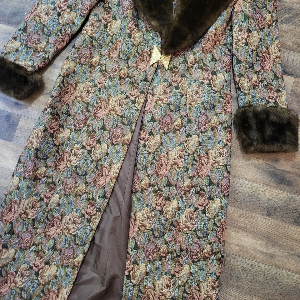 Conjunto de 2 piezas de abrigo de piel sintética tapiz floral vintage KB Stella Louise Roy talla 10 Foto 2 de 4