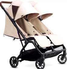 Beige/Black Double Stroller Folding Pushchair with Canopy Hoods & Storage Basket