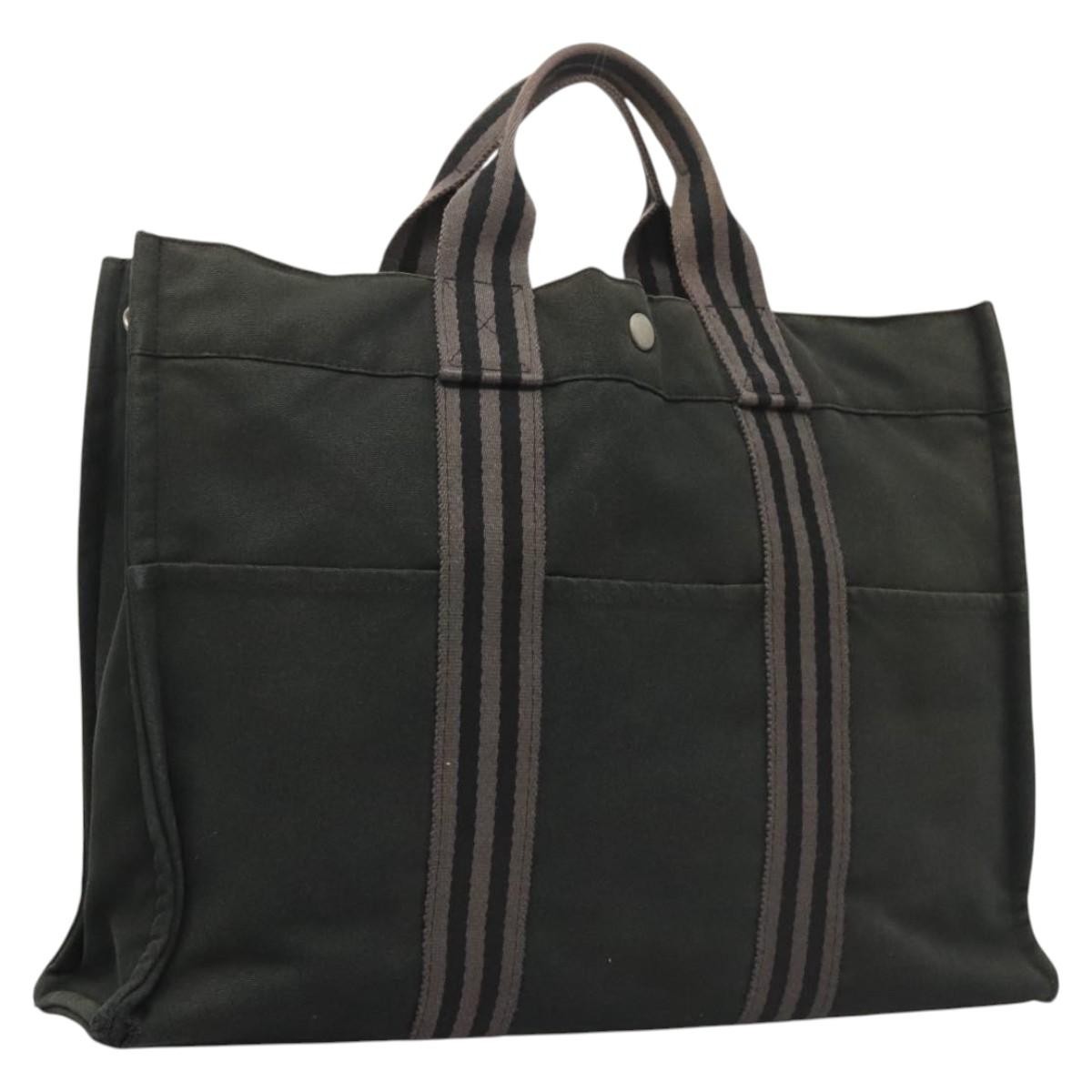HERMES Fourre Tout MM Hand Bag Canvas Black Silver Auth ti3099