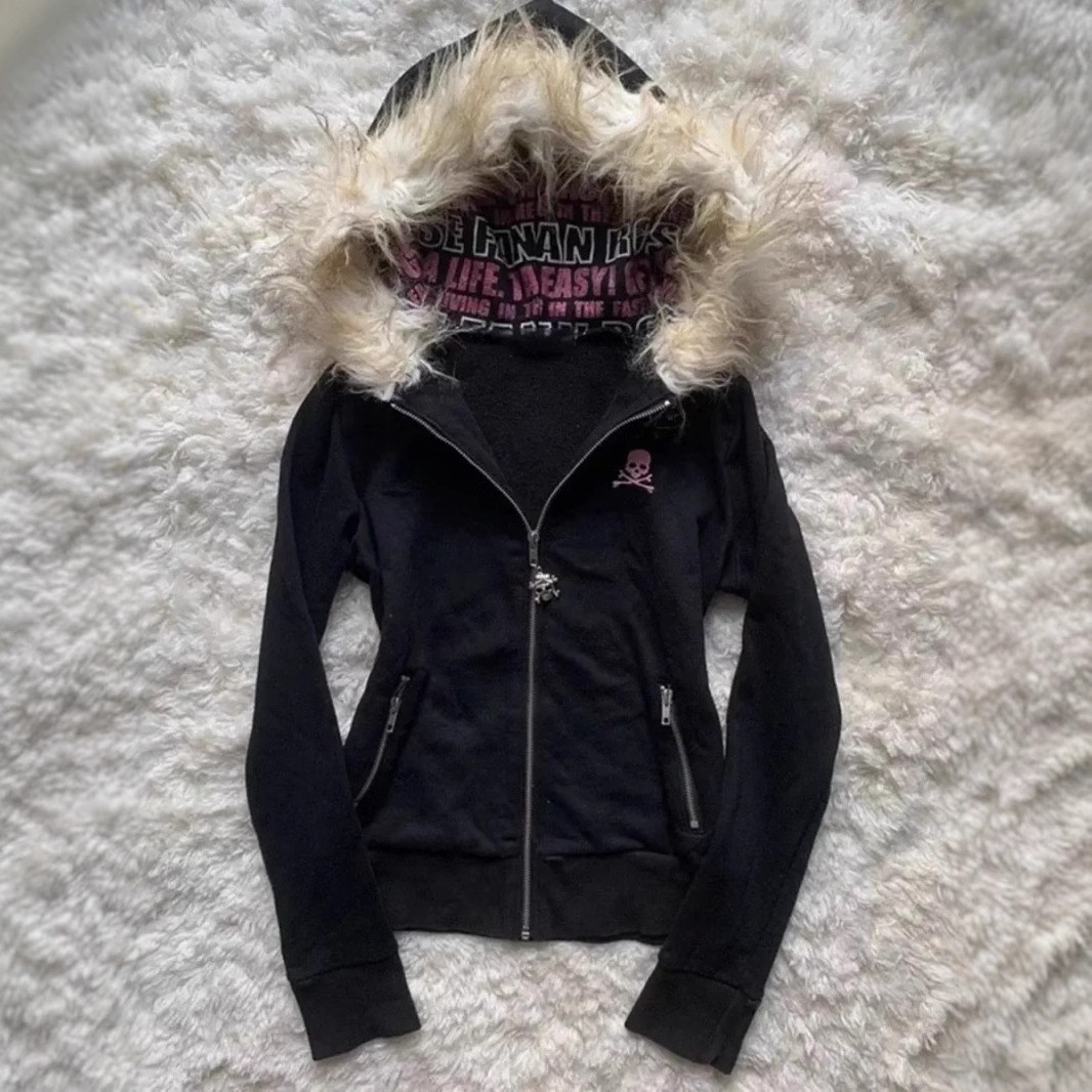 90s Y2K Black Fur Hooded Skull Zip Up Alternative Emo Scene Goth