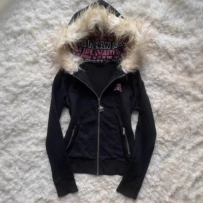 y2k grunge zip up hoodie faux fur hood distressed goth alt grunge