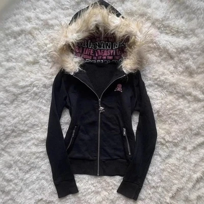 90s Y2K Black Fur Hooded Skull Zip Up Alternative Emo Scene Goth