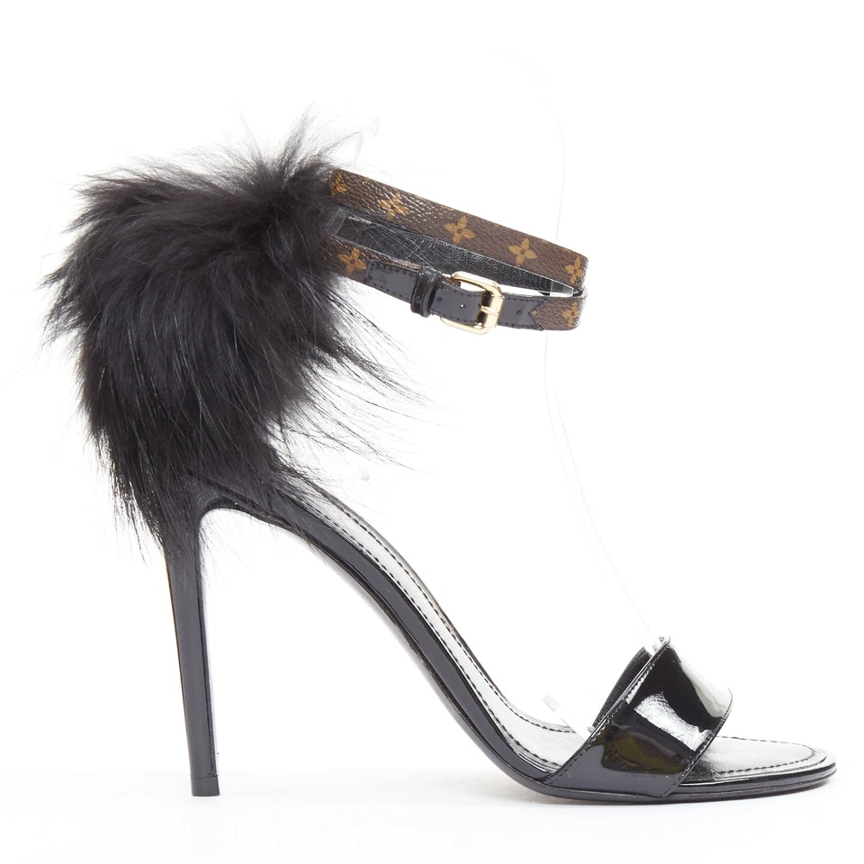 Salto raro LOUIS VUITTON Call Back preto acabamento de pele patenteada LV alça de tornozelo UE38.5