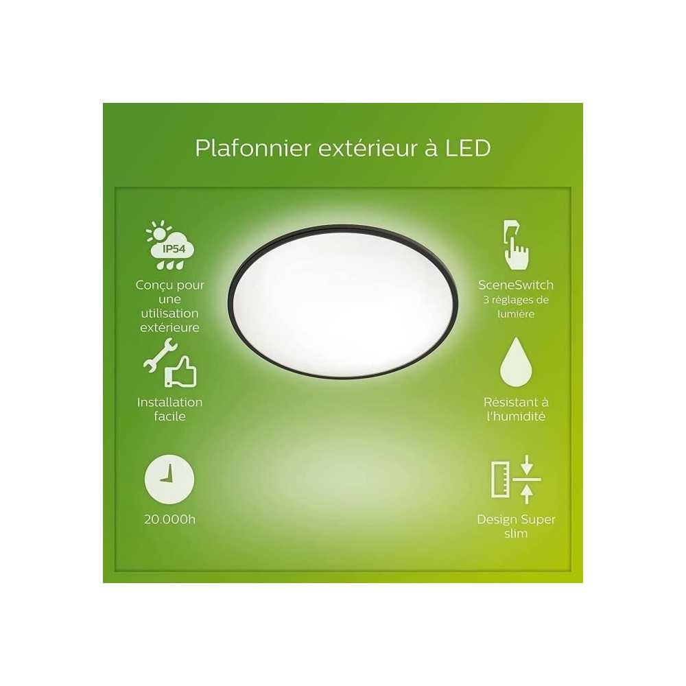 Plafonnier LED Philips SuperSlim 15W luminaire extérieur étanche IP54 rond noir