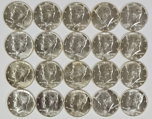 Tube of 20 UNC 90% Silver 1964 U.S. Kennedy Half Dollars