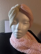 Handmade Knitted Hat And Scarf Set. Pink/cream