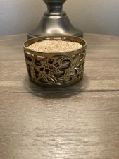 Vintage Unpolished Brass Coaster Holder With 5 Woven Straw / Twine Coasters 3
