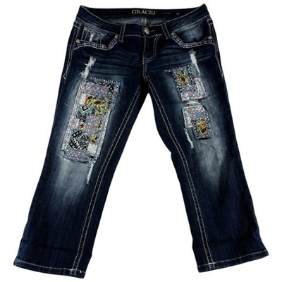 Grace in LA Capri Jeans Womens 29 Blue Denim Dark Wash Distressed Patchwork