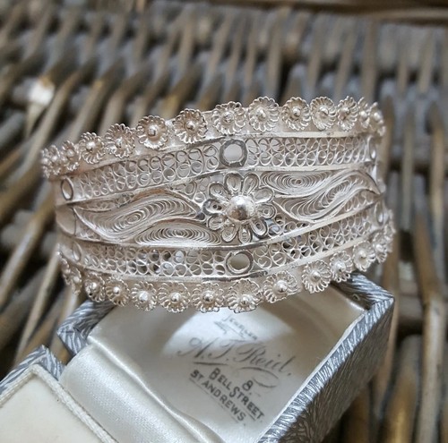 Brazalete vintage de plata de ley 925, brazalete grande de filigrana, Art Nouveau, 7,2"