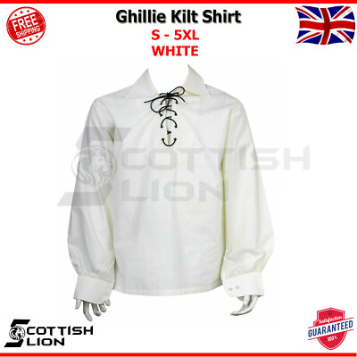 Camicia da kilt scozzese Jacobite Ghillie con cordoncino in pelle, taglie dalla S alla 5XL, Nero , S