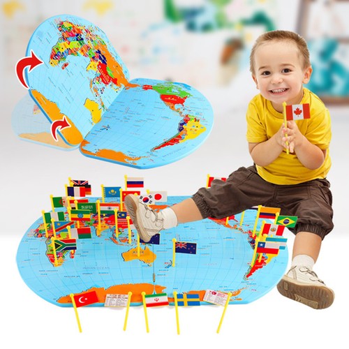 3D Wooden World Map Flag Matching Puzzle Geography Toy Foldable World FaDDG
