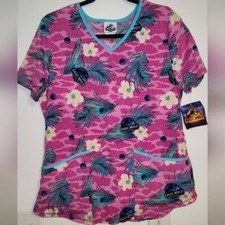 Jurassic World Dominion Scrub Top V-Neck Short Sleeve Pockets Pink Teal S