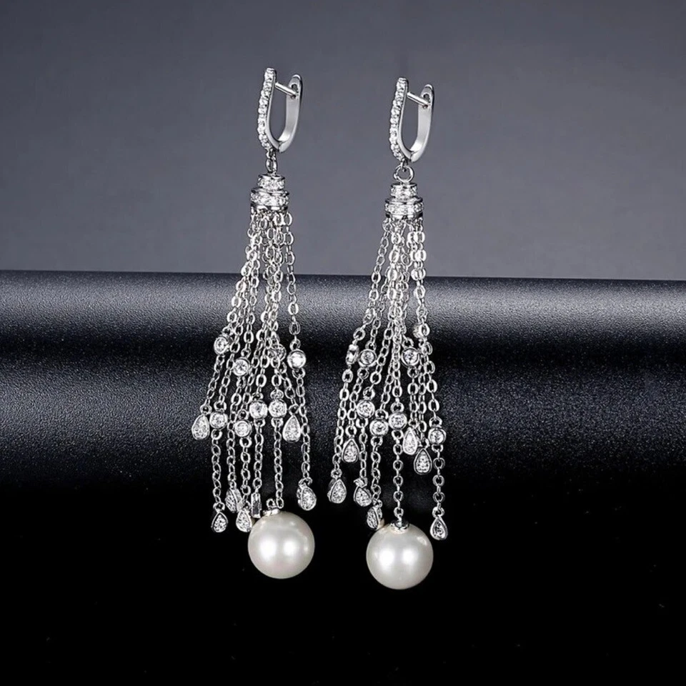 Long Silver Dangling Crystal & Pearl Earrings D14 - Image 2 of 4