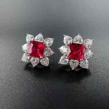 2Ct Lab-Created Red Ruby Push Back Halo Stud Earrings 14K White Gold Plated