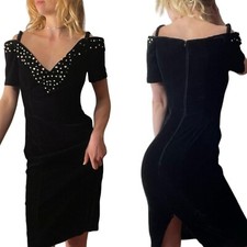 90s 6 Petite Black Velvet Off Shoulder Cocktail Dress Embellished