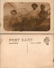RPPC Three People Relaxing in Hammock Real Postcard