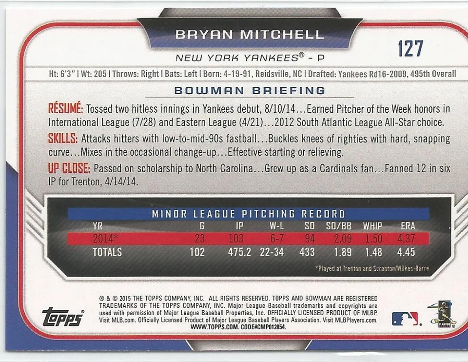 Bryan Mitchell NY Yankees 2015 Bowman Rookie Card - Image 2 of 2