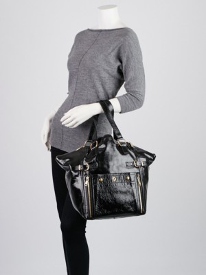 Genuine YSL Black Patent Leather Downtown Tote Bag Handbag - Yves
