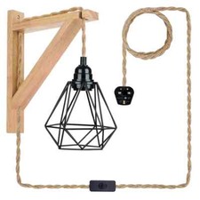Hemp Rope Wall Light Fitting Plug In Adjustable Living Room Wooden Wall Lamp