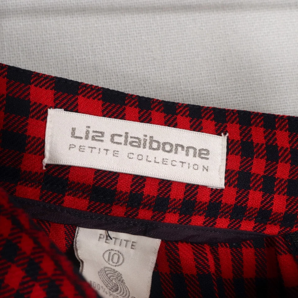 Liz Claiborne Midi Skirt Womens Size 10 Petite Red Gingham Pleated Wool Vintage - Image 4 of 4