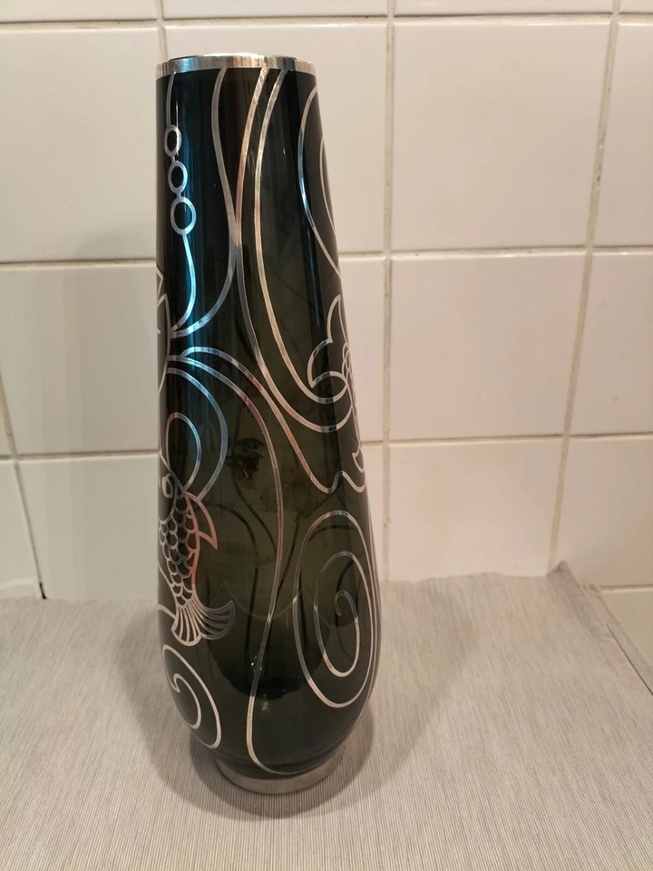 große antike Silver Overlay Glas Vase Spahr Motiv Fische 41 cm - Bild 2 von 4