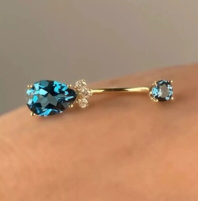 2Ct Pear Lab Created Blue Topaz Navel Belly Button Ring 14k Yellow Gold Plated