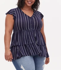 TORRID WOMEN'S NAVY WHITE BUTTON FRONT LAYERED BABYDOLL SOFT TOP PLUS Sz 2 2X