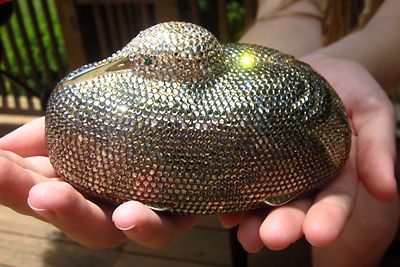 JUDITH LEIBER Gold SWAROVSKI Crystal RESTING CRANE BIRD MINAUDIERE