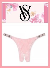NEW Victoria  s Secret Shine Strap Overt Open Panty Pink Lace Crotchless Size M