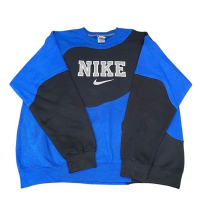 Nike Reworked Sweatshirt Herren XL schwarz blau bestickt Spruch Logo Vintage Y2K