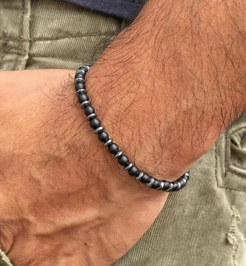 Black Onyx & Stainless Steel 4mm Beaded Protection Healing Men's Bracelet Gift - Image 3 of 3