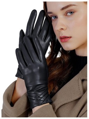 GSG Leather Gloves for Women Winter Warm Wool Lining Lambskin X-Large, Black