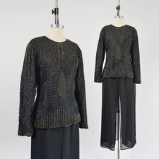 Vintage 80s Black and Gold Beaded Blouse Art Deco Silk Cocktail Evening Top M
