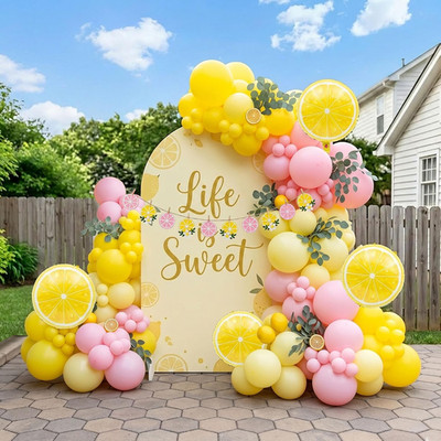 Pink Lemonade Party Decorations - Pink and Yellow Balloon Arch Kit with Lemon Fo