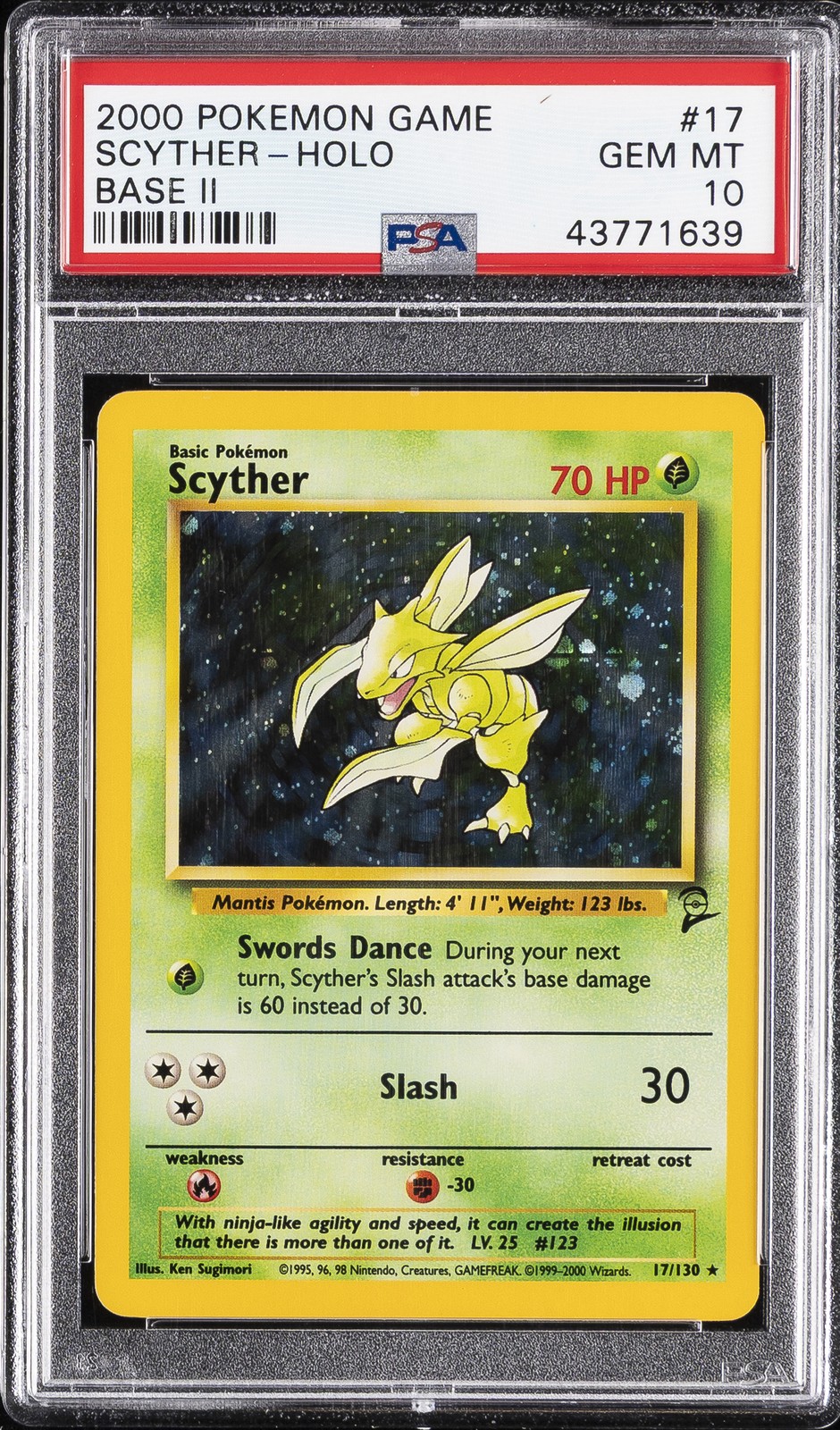 2000 POKEMON BASE SET 2 #17 SCYTHER-HOLO PSA 10