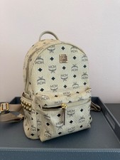 MCM Stark Mini Backpack White Visetos Side Stud Leather Bag Authentic w/Cards