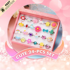 24pcs Adjustable Pink Kids Dress Up Rings Set Gift Box Party Pretend Play Female