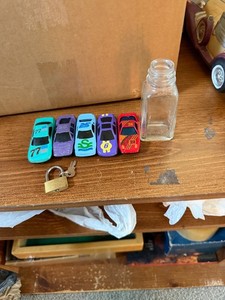 JUNK DRAWER ITEM 5 VTG DIE CAST CARS, VTG BOTTLE AND SMALL LOCK W/KEY