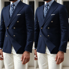 Navy Blue Men Suits Office Double Breasted Banquet 2Pcs Formal Jacket Tuxedo