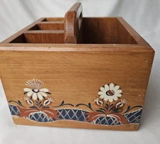 Vintage Wood Handpainted Utensil Silverware Napkin Holder Caddy 10x9x6 
