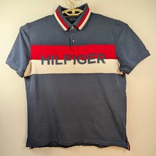 Tommy Hilfiger Polo Shirt Men XL Blue Red Colorblock 90s Vtg Spellout Preppy