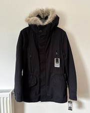 Parka Yves Salomon Homme blu navy cotone fodera pelliccia di coyote e coniglio (S) 46 nuovo con etichette