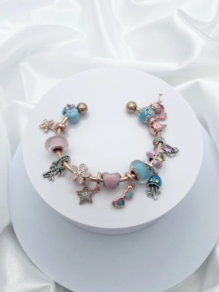Linx Rose Gold Open Bangle with Pink and Blue Themed Charms - Image 3 of 4