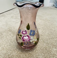 Fenton Purple Amethyst Handblown Art Glass Vase Ruffle Top Hand Painted Vase