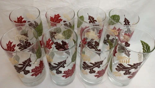 Set of 8 Vintage Libbey Crisa 6 " Glass Tumblers Autum Leaf/ Fall Pattern 16 oz 
